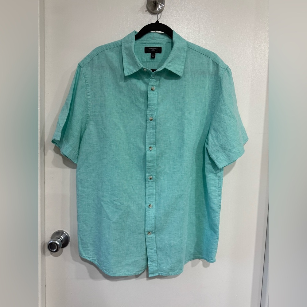 Banana Republic Men's Short Sleeve Polo Shirt Linen Blend Slim Fit L Torquoise